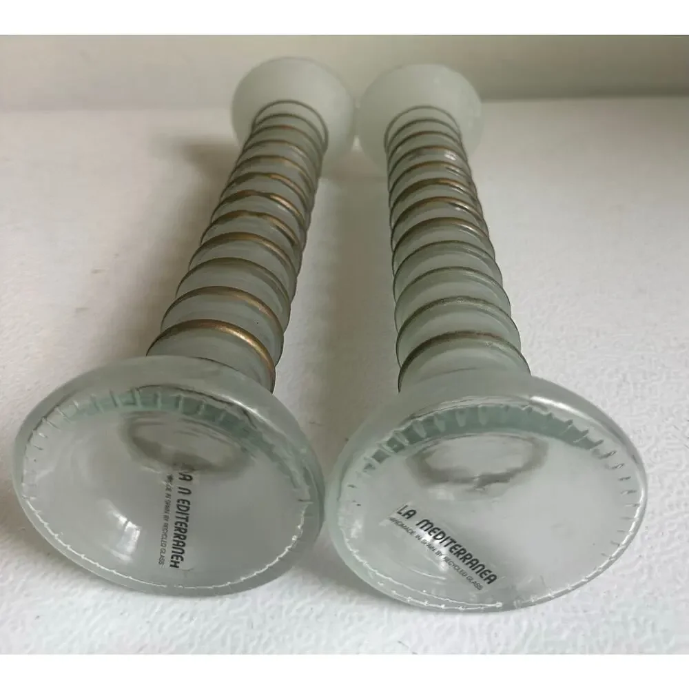 Vintage La Mediterranea Green Glass Vases Candlesticks frosted Spain set 2, 7”